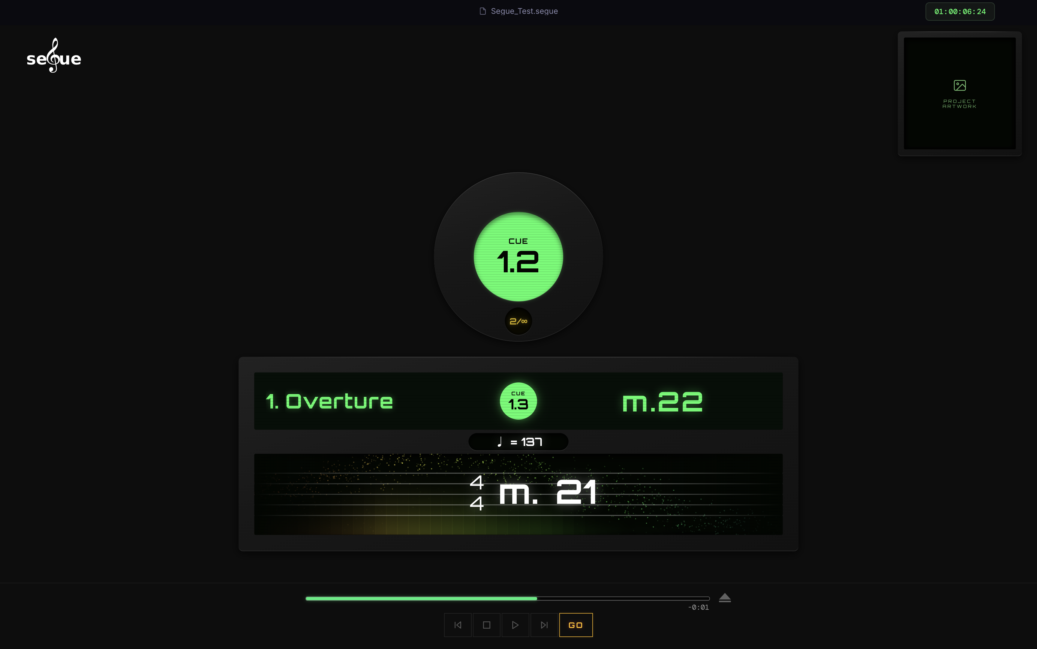 Segue's Perform screen: cue dial, now-playing bar, measure and tempo readout