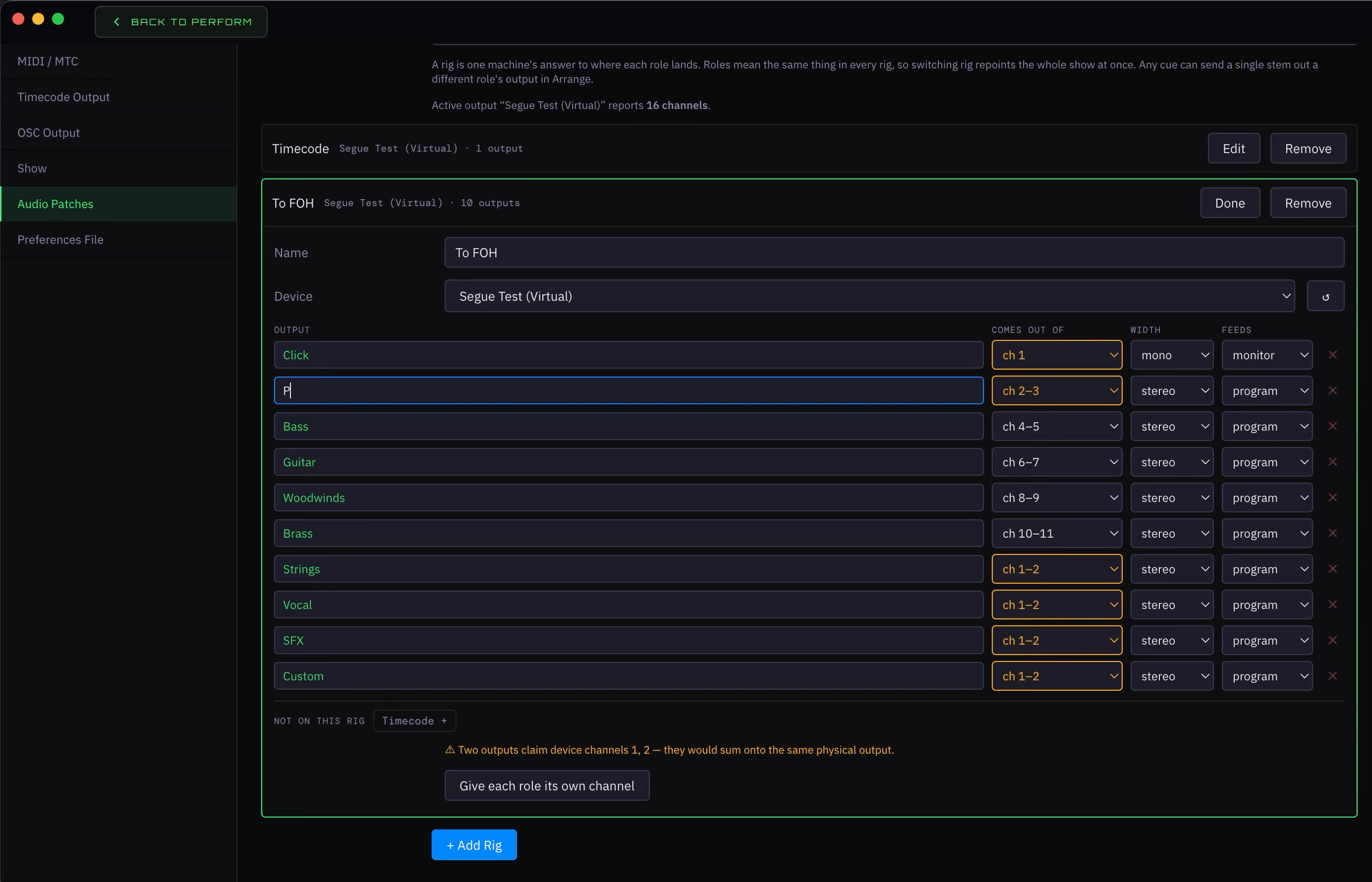 Audio Patches screen: routing stems to channels on a named rig